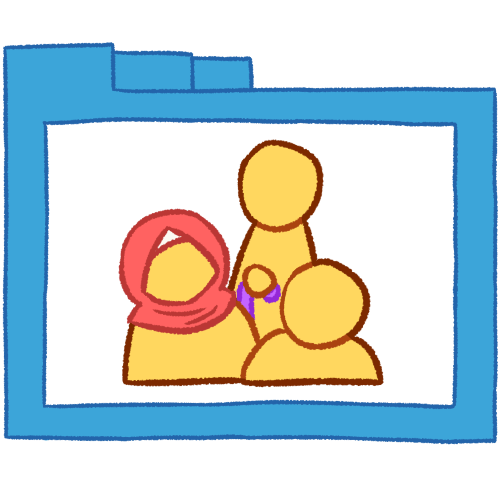 A hollow blue folder with thin lines, containing three busts of emoji yellow people of various heights. The tallest is holding a purple cane and the middle is wearing a pink hijab. 